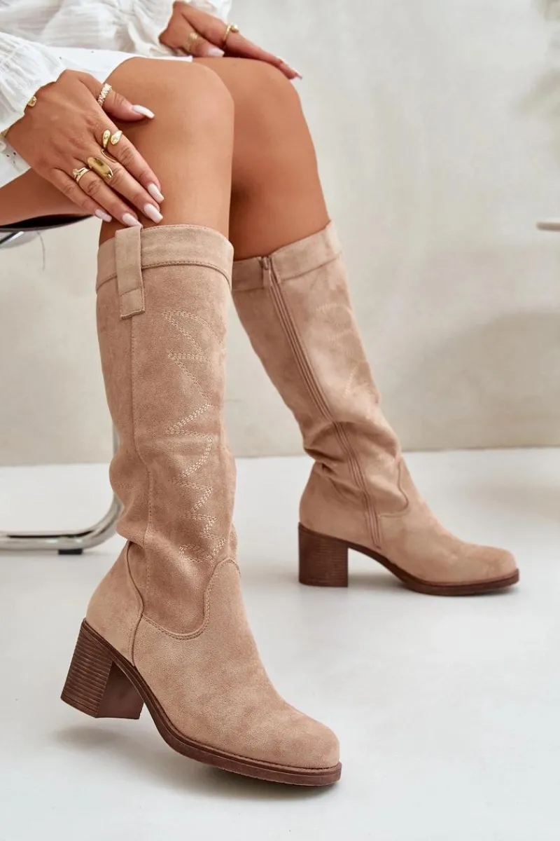 Clearance Boto Kozaki Damskie Na Słupku Przed Kolano Beżowe Erisorae