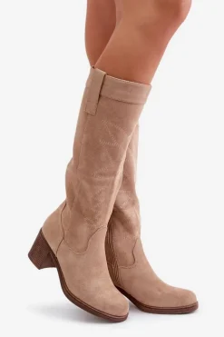 Clearance Boto Kozaki Damskie Na Słupku Przed Kolano Beżowe Erisorae