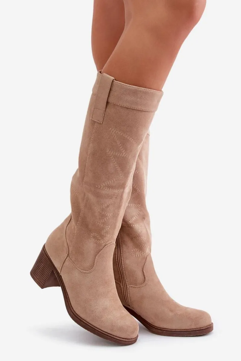 Clearance Boto Kozaki Damskie Na Słupku Przed Kolano Beżowe Erisorae