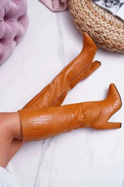 Outlet Kozaki Damskie Na Słupku Skóra Węża Camel Aduan Damskie Kozaki Wiosenne|Kozaki Na Obcasie