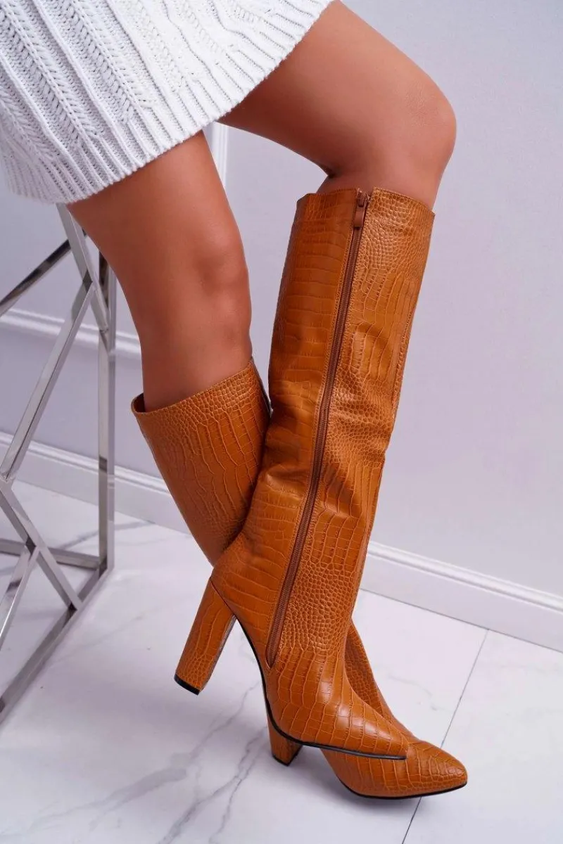 Outlet Kozaki Damskie Na Słupku Skóra Węża Camel Aduan Damskie Kozaki Wiosenne|Kozaki Na Obcasie