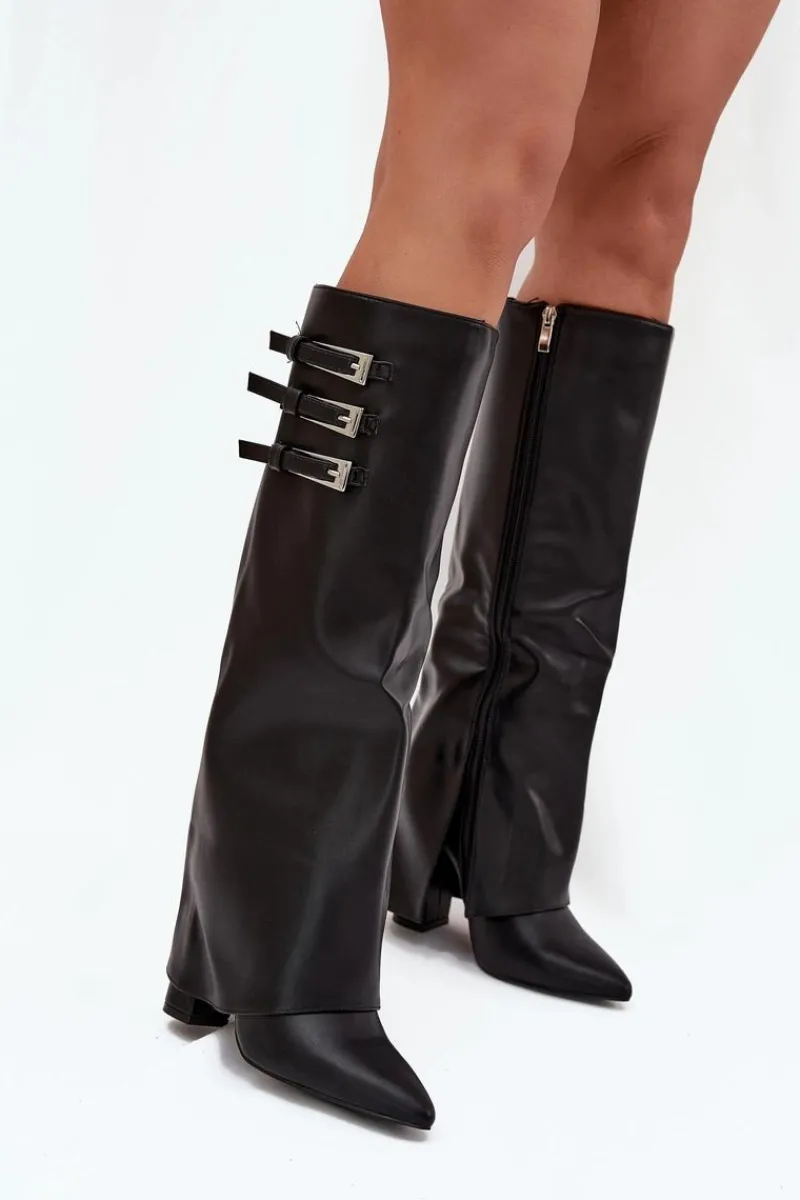 Online Kozaki Damskie Na Słupku Wywinięta Cholewka Paski Z Klamrami Czarne Nirisa Damskie Kozaki Ocieplane|Kozaki Na Słupku