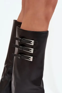 Online Kozaki Damskie Na Słupku Wywinięta Cholewka Paski Z Klamrami Czarne Nirisa Damskie Kozaki Ocieplane|Kozaki Na Słupku