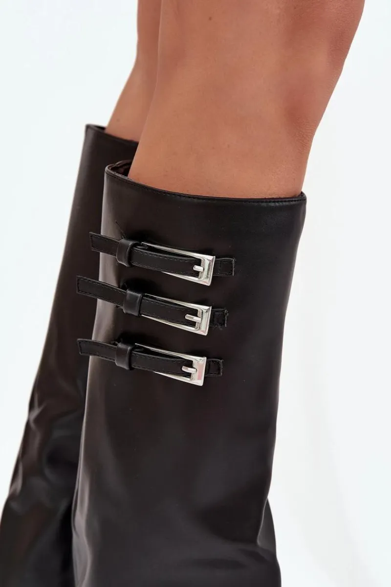 Online Kozaki Damskie Na Słupku Wywinięta Cholewka Paski Z Klamrami Czarne Nirisa Damskie Kozaki Ocieplane|Kozaki Na Słupku