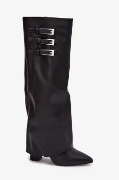 Online Kozaki Damskie Na Słupku Wywinięta Cholewka Paski Z Klamrami Czarne Nirisa Damskie Kozaki Ocieplane|Kozaki Na Słupku