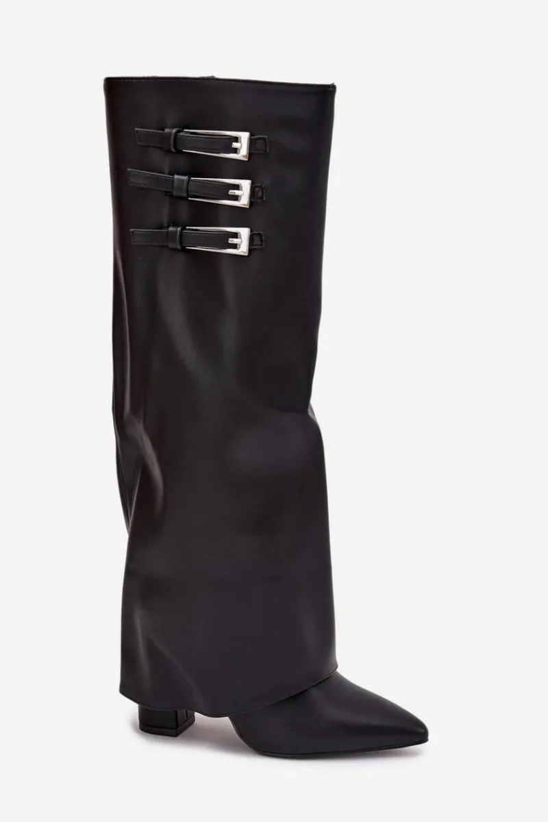 Online Kozaki Damskie Na Słupku Wywinięta Cholewka Paski Z Klamrami Czarne Nirisa Damskie Kozaki Ocieplane|Kozaki Na Słupku