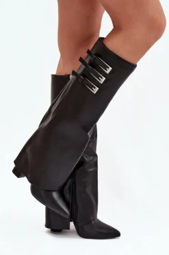 Online Kozaki Damskie Na Słupku Wywinięta Cholewka Paski Z Klamrami Czarne Nirisa Damskie Kozaki Ocieplane|Kozaki Na Słupku