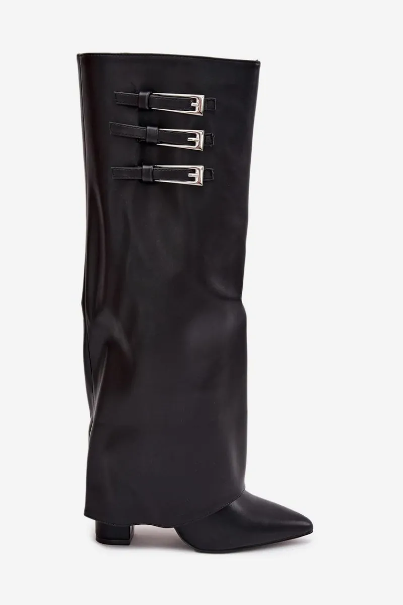 Online Kozaki Damskie Na Słupku Wywinięta Cholewka Paski Z Klamrami Czarne Nirisa Damskie Kozaki Ocieplane|Kozaki Na Słupku