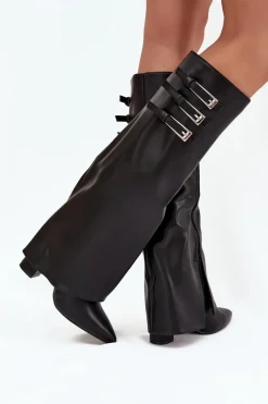 Online Kozaki Damskie Na Słupku Wywinięta Cholewka Paski Z Klamrami Czarne Nirisa Damskie Kozaki Ocieplane|Kozaki Na Słupku