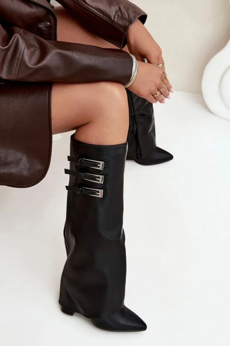 Online Kozaki Damskie Na Słupku Wywinięta Cholewka Paski Z Klamrami Czarne Nirisa Damskie Kozaki Ocieplane|Kozaki Na Słupku