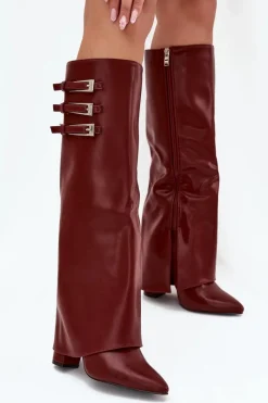 Clearance Boto Kozaki Damskie Na Słupku Wywinięta Cholewka Paski Z Klamrami Bordowe Nirisa Czerwony