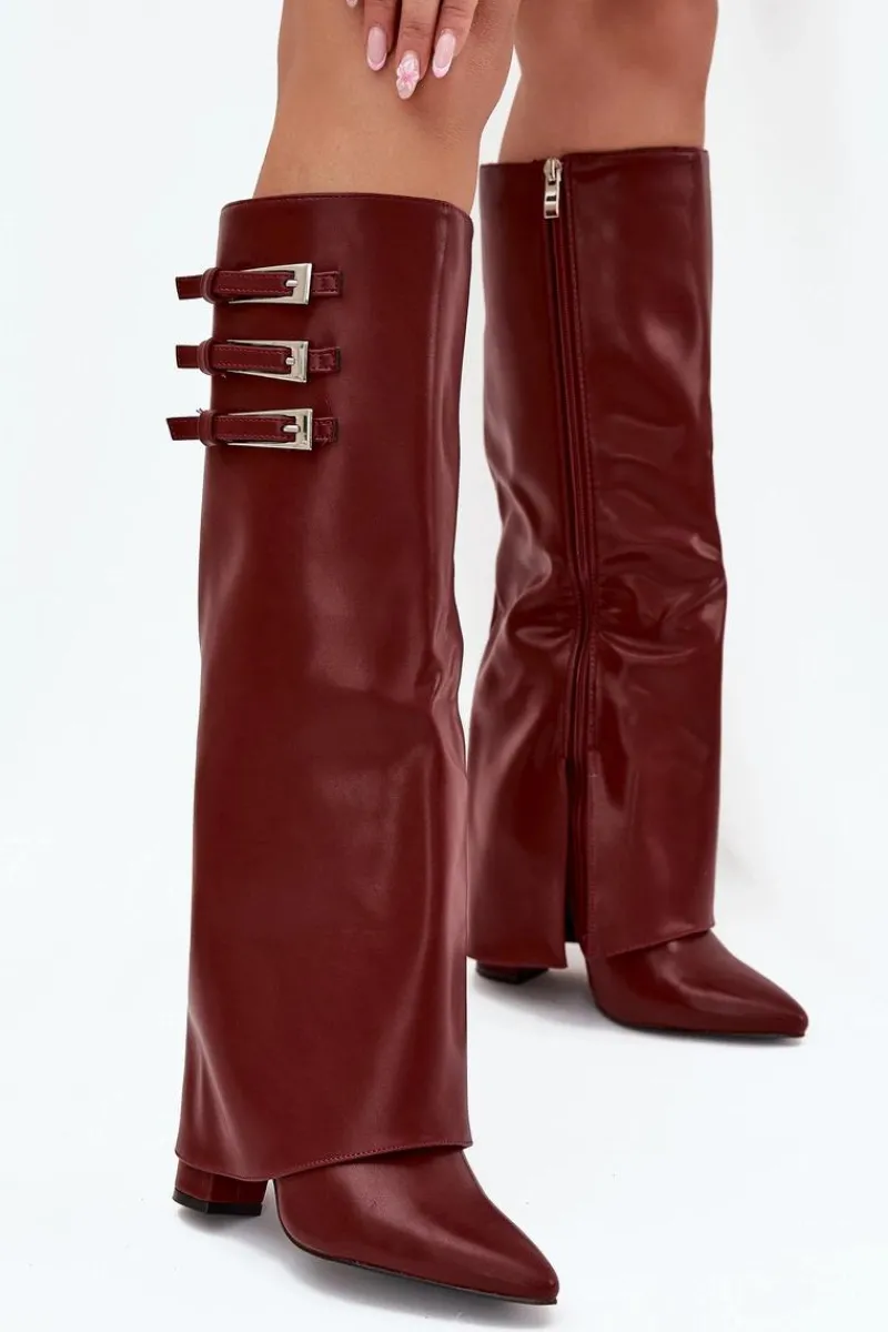 Clearance Boto Kozaki Damskie Na Słupku Wywinięta Cholewka Paski Z Klamrami Bordowe Nirisa Czerwony