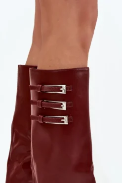 Clearance Boto Kozaki Damskie Na Słupku Wywinięta Cholewka Paski Z Klamrami Bordowe Nirisa Czerwony