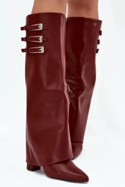 Clearance Boto Kozaki Damskie Na Słupku Wywinięta Cholewka Paski Z Klamrami Bordowe Nirisa Czerwony