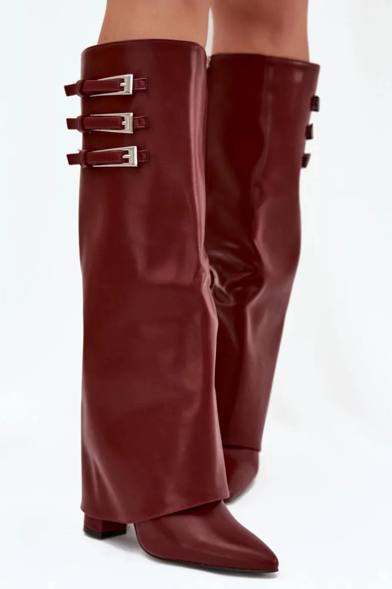 Clearance Boto Kozaki Damskie Na Słupku Wywinięta Cholewka Paski Z Klamrami Bordowe Nirisa Czerwony