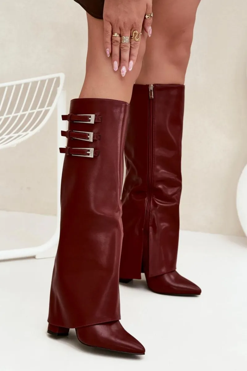 Clearance Boto Kozaki Damskie Na Słupku Wywinięta Cholewka Paski Z Klamrami Bordowe Nirisa Czerwony