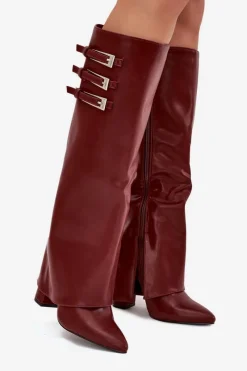 Clearance Boto Kozaki Damskie Na Słupku Wywinięta Cholewka Paski Z Klamrami Bordowe Nirisa Czerwony