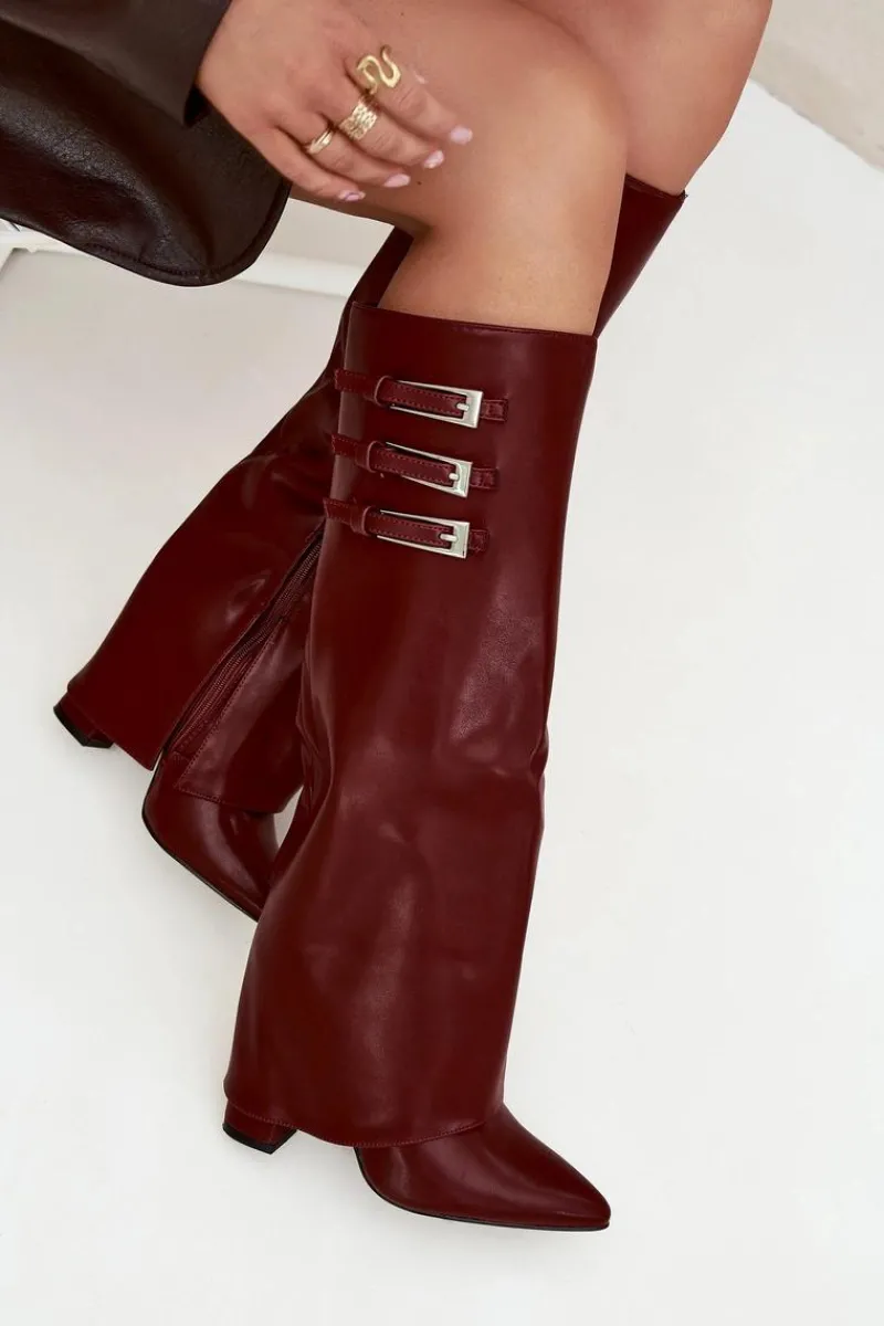 Clearance Boto Kozaki Damskie Na Słupku Wywinięta Cholewka Paski Z Klamrami Bordowe Nirisa Czerwony