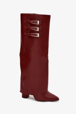 Clearance Boto Kozaki Damskie Na Słupku Wywinięta Cholewka Paski Z Klamrami Bordowe Nirisa Czerwony