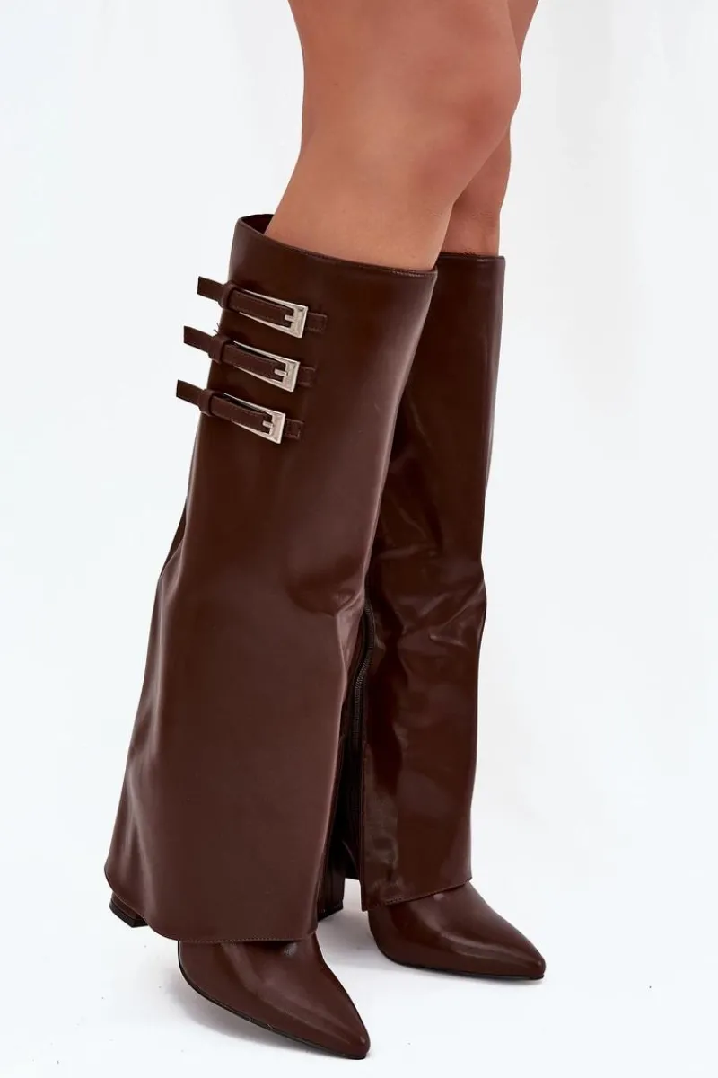 New Kozaki Damskie Na Słupku Wywinięta Cholewka Paski Z Klamrami Czekoladowe Nirisa Damskie Kozaki Ocieplane|Kozaki Na Słupku