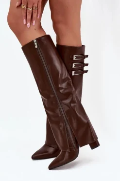 New Kozaki Damskie Na Słupku Wywinięta Cholewka Paski Z Klamrami Czekoladowe Nirisa Damskie Kozaki Ocieplane|Kozaki Na Słupku