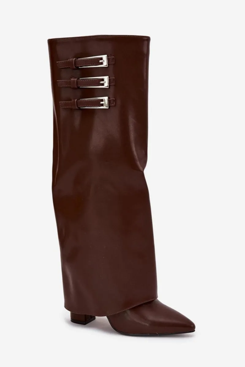 New Kozaki Damskie Na Słupku Wywinięta Cholewka Paski Z Klamrami Czekoladowe Nirisa Damskie Kozaki Ocieplane|Kozaki Na Słupku