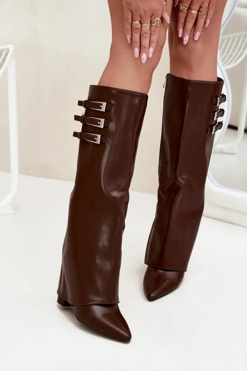 New Kozaki Damskie Na Słupku Wywinięta Cholewka Paski Z Klamrami Czekoladowe Nirisa Damskie Kozaki Ocieplane|Kozaki Na Słupku