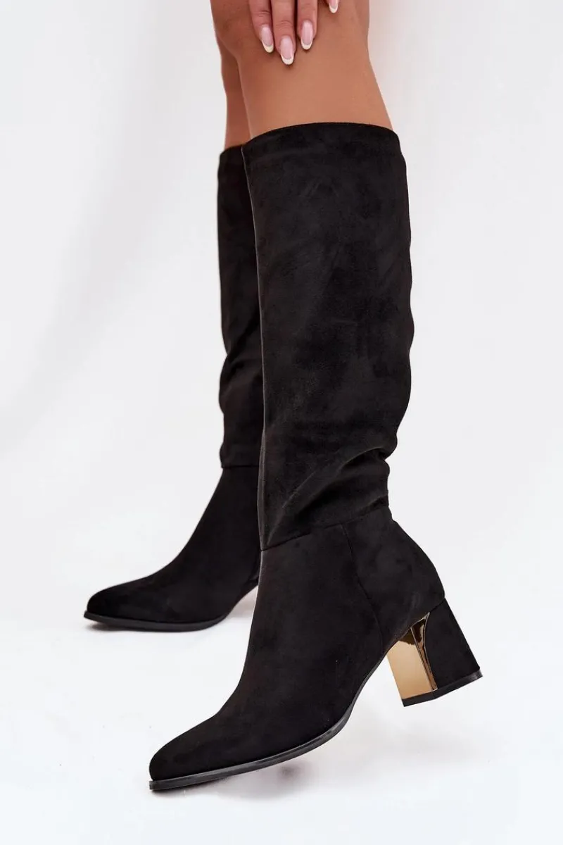 Kozaki Ocieplane|Kozaki Na Słupku>Boto Kozaki Damskie Na Słupku Ze Złotym Elementem Czarne Nivarae Czarny