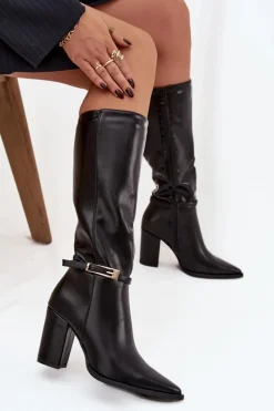 Hot Kozaki Damskie Na Słupku Z Klamrą Ocieplane Czarne Cirella Damskie Kozaki Na Słupku|Kozaki Przed Kolano