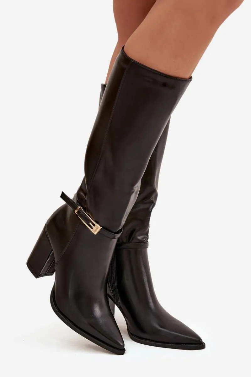 Hot Kozaki Damskie Na Słupku Z Klamrą Ocieplane Czarne Cirella Damskie Kozaki Na Słupku|Kozaki Przed Kolano