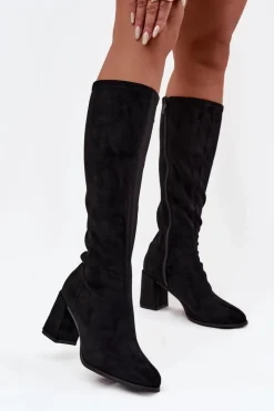 Sale Boto Kozaki Damskie Na Słupku Z Eko Zamszu Czarne Yelisse Czarny