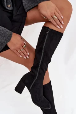 Sale Boto Kozaki Damskie Na Słupku Z Eko Zamszu Czarne Yelisse Czarny