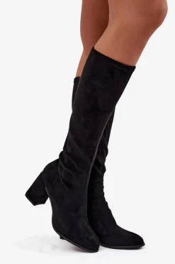 Sale Boto Kozaki Damskie Na Słupku Z Eko Zamszu Czarne Yelisse Czarny