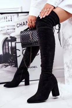 Hot Damskie buty S.Barski Kozaki Damskie Na Słupku Zamszowe Czarne Milwa