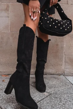 Kozaki Przed Kolano|Kozaki Na Obcasie>Boto Kozaki Damskie Na Słupku Z Eko Zamszu Czarne Prisca