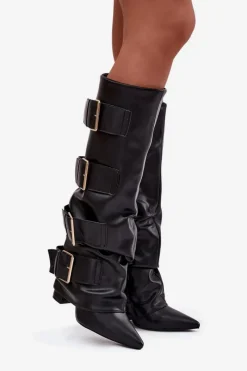 Discount Kozaki Damskie Na Słupku Z Wywiniętą Cholewką I Złotymi Klamrami Czarne Isavelle Damskie Kozaki Ocieplane|Kozaki Na Słupku