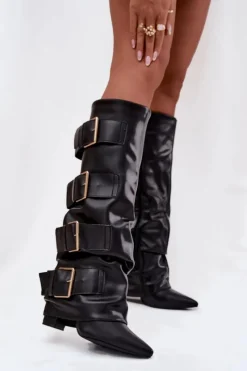 Discount Kozaki Damskie Na Słupku Z Wywiniętą Cholewką I Złotymi Klamrami Czarne Isavelle Damskie Kozaki Ocieplane|Kozaki Na Słupku