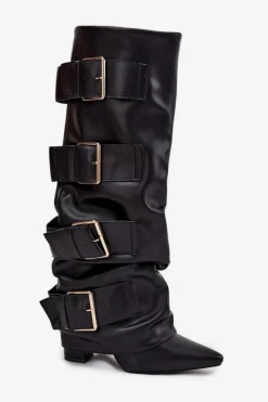 Discount Kozaki Damskie Na Słupku Z Wywiniętą Cholewką I Złotymi Klamrami Czarne Isavelle Damskie Kozaki Ocieplane|Kozaki Na Słupku