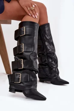 Discount Kozaki Damskie Na Słupku Z Wywiniętą Cholewką I Złotymi Klamrami Czarne Isavelle Damskie Kozaki Ocieplane|Kozaki Na Słupku