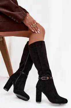 Kozaki Ocieplane|Kozaki Na Słupku>Boto Kozaki Damskie Na Słupku Ze Złotą Klamrą Ocieplane Czarne Seraphine Czarny