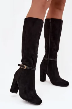 Kozaki Ocieplane|Kozaki Na Słupku>Boto Kozaki Damskie Na Słupku Ze Złotą Klamrą Ocieplane Czarne Seraphine Czarny