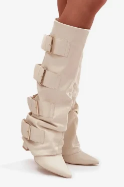 Best Boto Kozaki Damskie Na Słupku Z Wywiniętą Cholewką I Złotymi Klamrami Jasnobeżowe Isavelle Beżowy