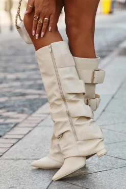 Best Boto Kozaki Damskie Na Słupku Z Wywiniętą Cholewką I Złotymi Klamrami Jasnobeżowe Isavelle Beżowy