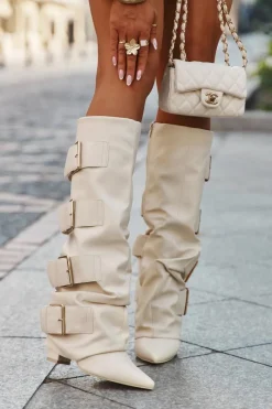 Best Boto Kozaki Damskie Na Słupku Z Wywiniętą Cholewką I Złotymi Klamrami Jasnobeżowe Isavelle Beżowy