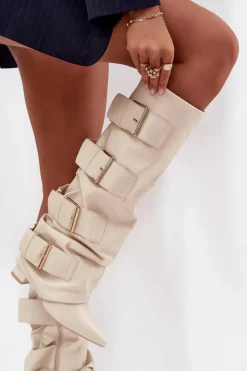 Best Boto Kozaki Damskie Na Słupku Z Wywiniętą Cholewką I Złotymi Klamrami Jasnobeżowe Isavelle Beżowy