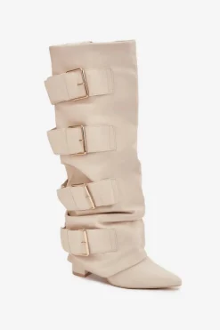 Best Boto Kozaki Damskie Na Słupku Z Wywiniętą Cholewką I Złotymi Klamrami Jasnobeżowe Isavelle Beżowy