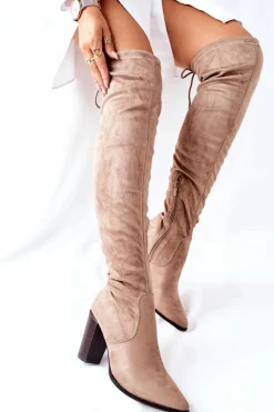 Best Kozaki Damskie Na Słupku Zamszowe Beżowe Monleek Damskie Kozaki Wiosenne|Kozaki Za Kolano