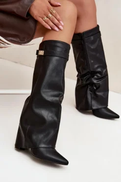 Hot Boto Kozaki Damskie Na Słupku Z Wywiniętą Cholewką I Złotym Detalem Czarne Diorna