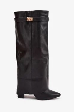 Hot Boto Kozaki Damskie Na Słupku Z Wywiniętą Cholewką I Złotym Detalem Czarne Diorna