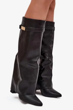 Hot Boto Kozaki Damskie Na Słupku Z Wywiniętą Cholewką I Złotym Detalem Czarne Diorna